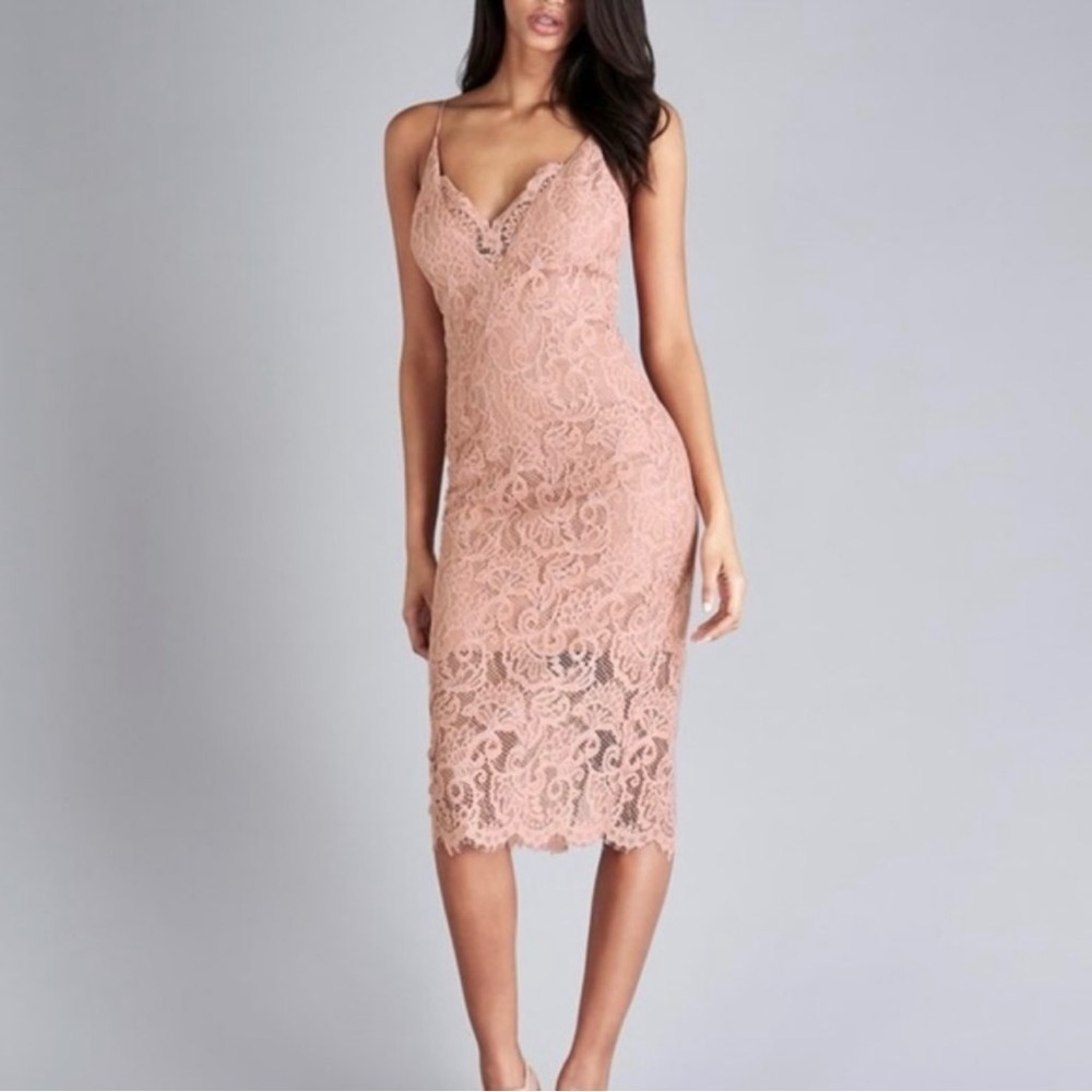 Bardot Lace V-Neck Dress Women’s Size 6/S Pink Fitted Spaghetti Straps Bodycon
